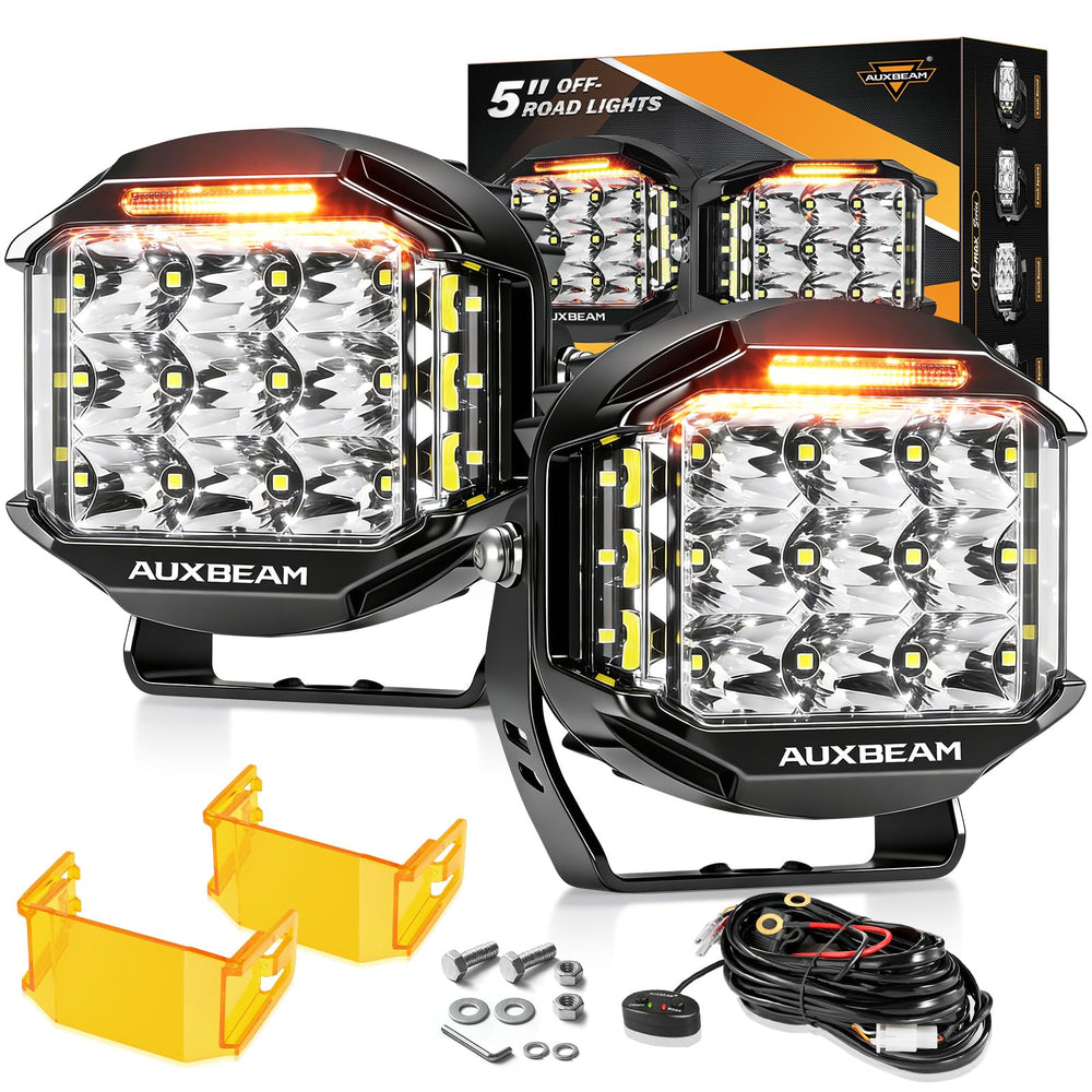Auxbeam 5in round LED pod with amber DRL for enhanced night visibility.