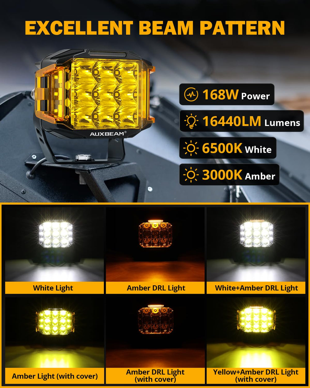 Auxbeam 5-inch LED pod side-shooter-light enhances peripheral visibility.