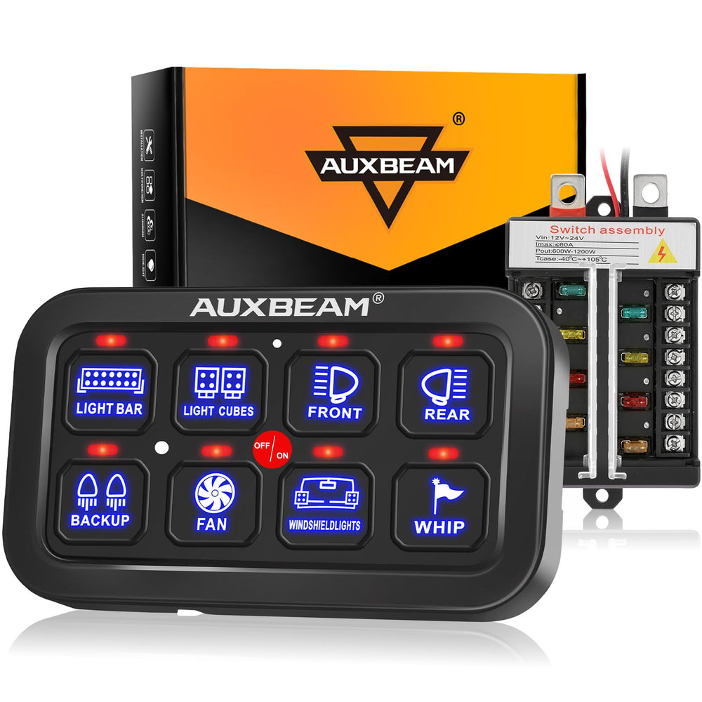 Auxbeam 8-gang switch panel front view for easy dashboard lighting control