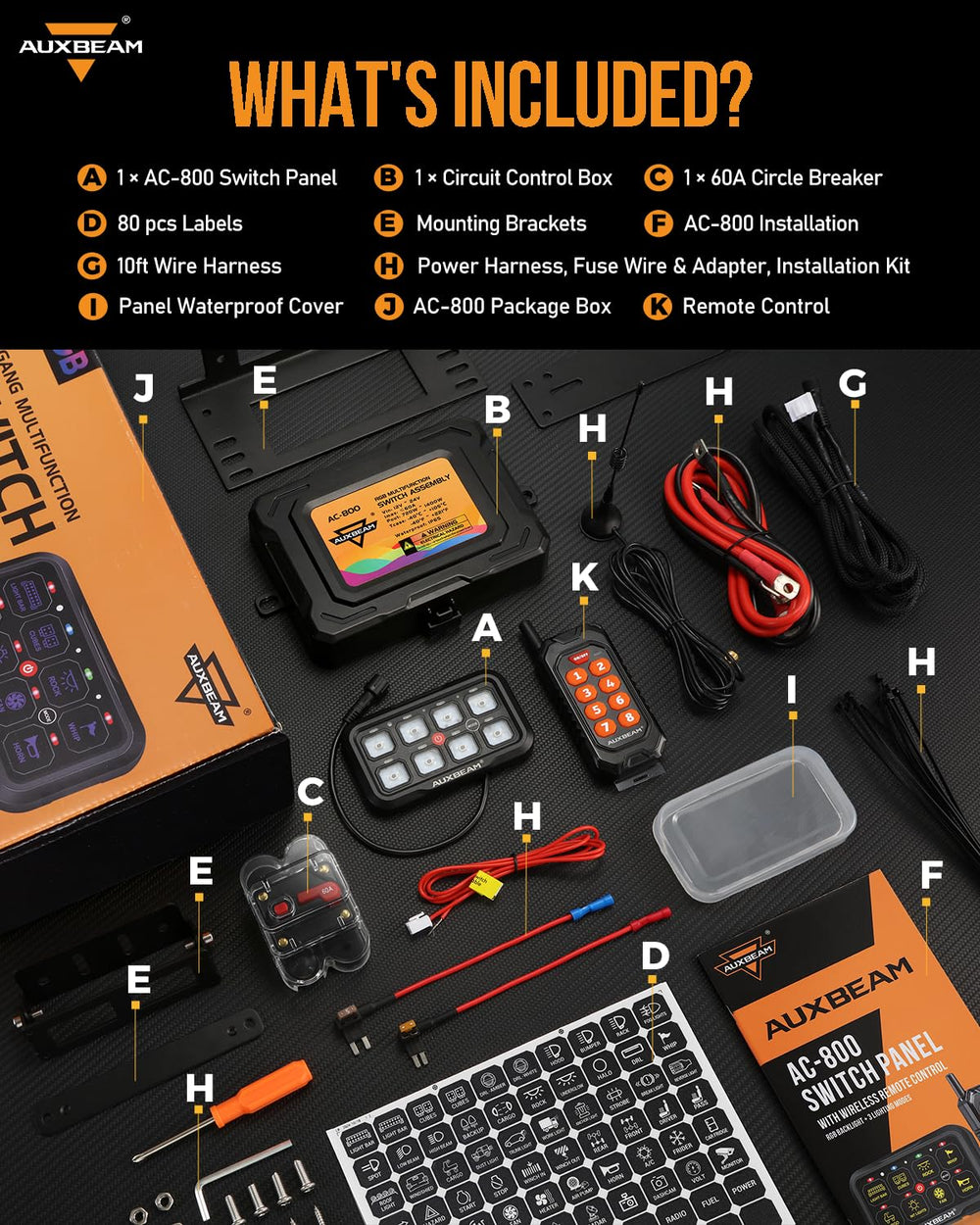 Auxbeam AC-800 10ft wiring harness and mounting hardware included.