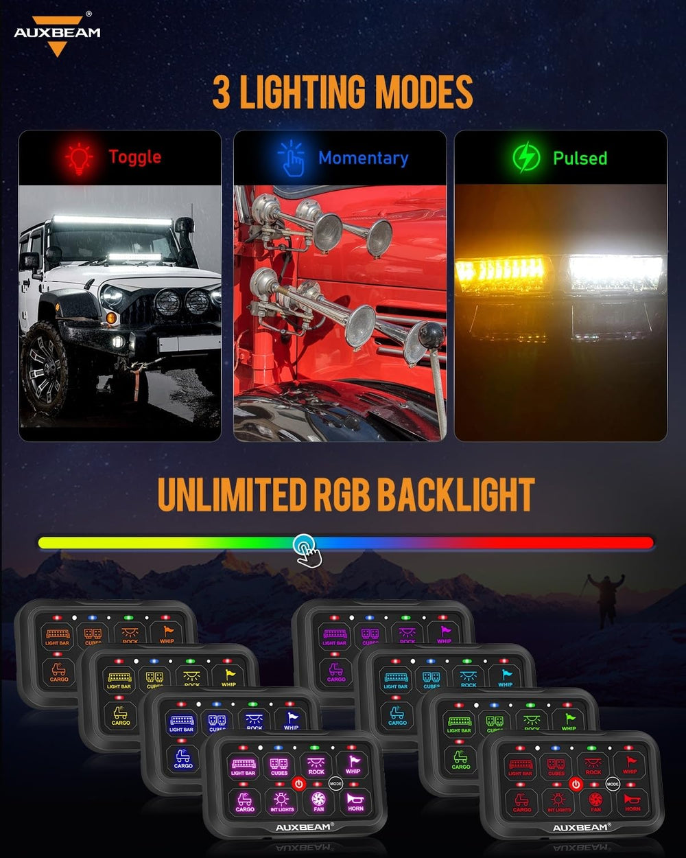 Auxbeam AC-800 RGB lighting with three modes for vehicle ambience.