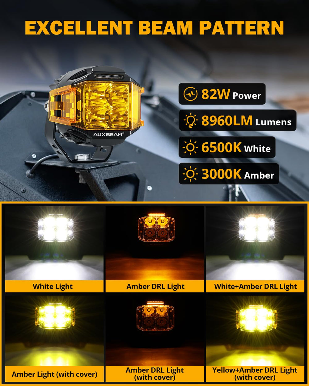 Auxbeam amber DRL 3000K light reduces glare and improves visibility in fog.