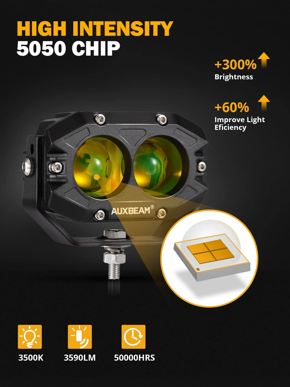 Auxbeam amber spot beam 3500K for long-range viewing