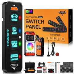 Auxbeam AS-400 four-gang switch panel front view with RGB backlighting