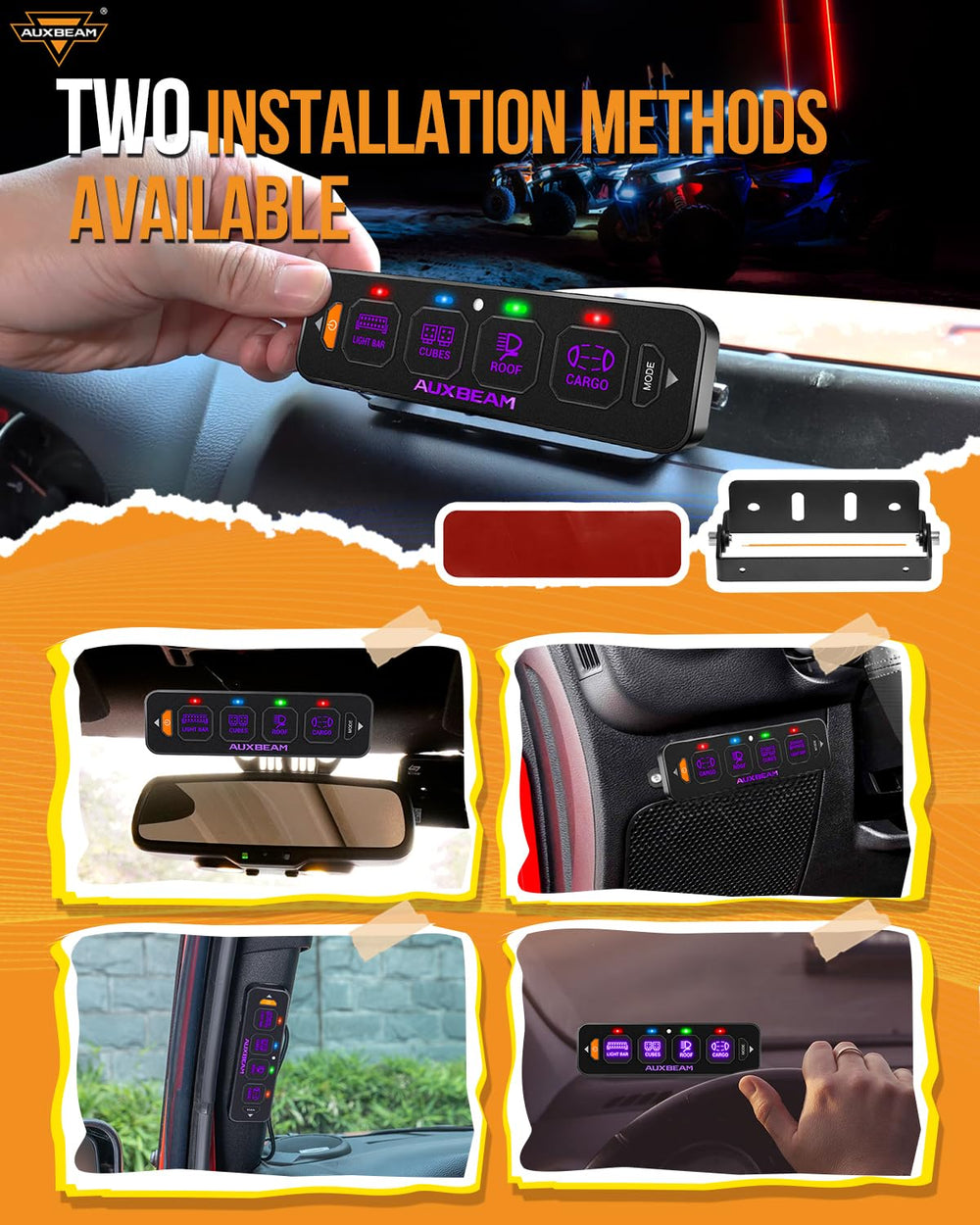 Auxbeam AS-R40 mode-select view illustrates toggle, momentary, and pulsed options.