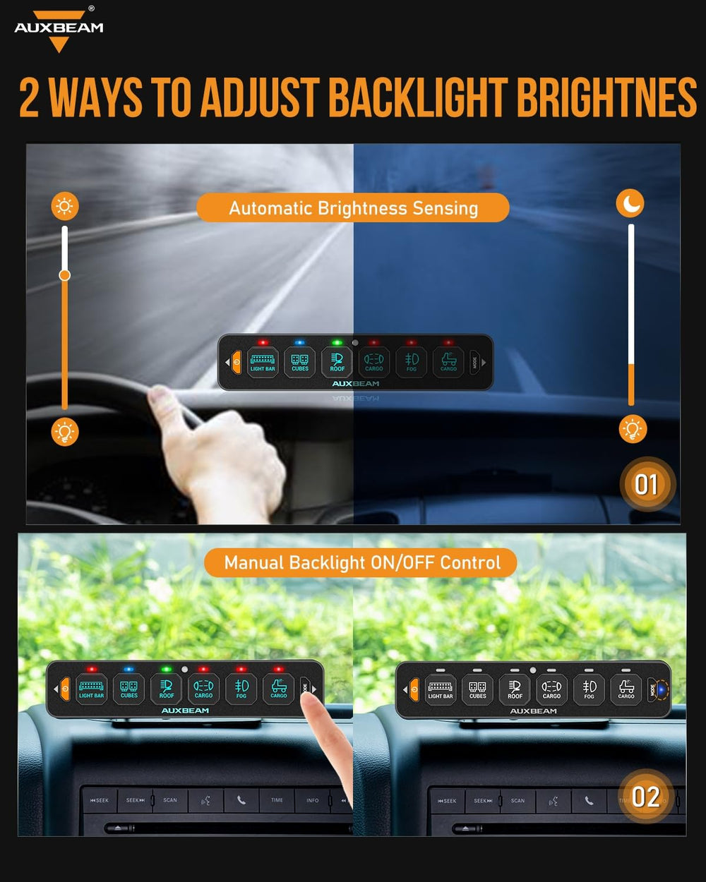 Auxbeam AS-R60 slim switch panel side mount showing compact single row design for tight dashboards