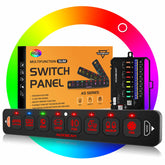 Auxbeam AS-R80 8-gang switch panel front view with bright RGB backlight for night use