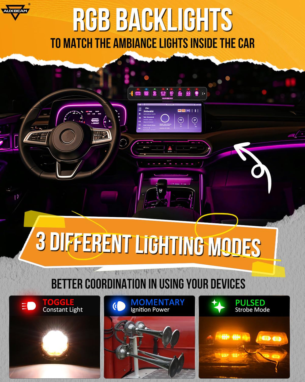 Auxbeam AS-R80 RGB backlight display showing color options for customization