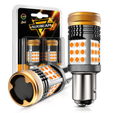 Auxbeam B21 amber LED bulb front view showing bright turn signal output.