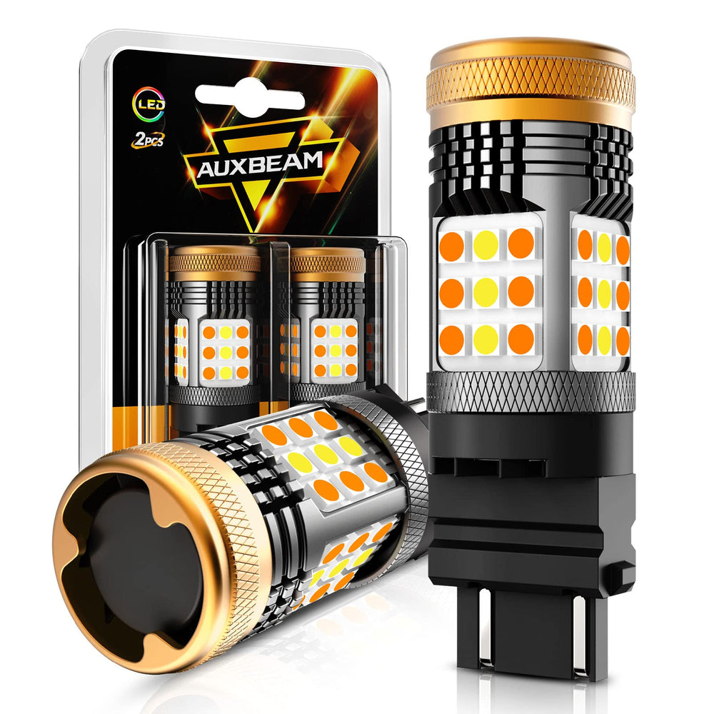 Auxbeam B21 3157 switchback bulbs with dual-color white and amber for DRL and signals.