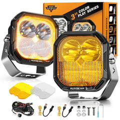 Auxbeam Color Play Series 3-inch LED pods with amber and white DRL and turn signals for enhanced visibility