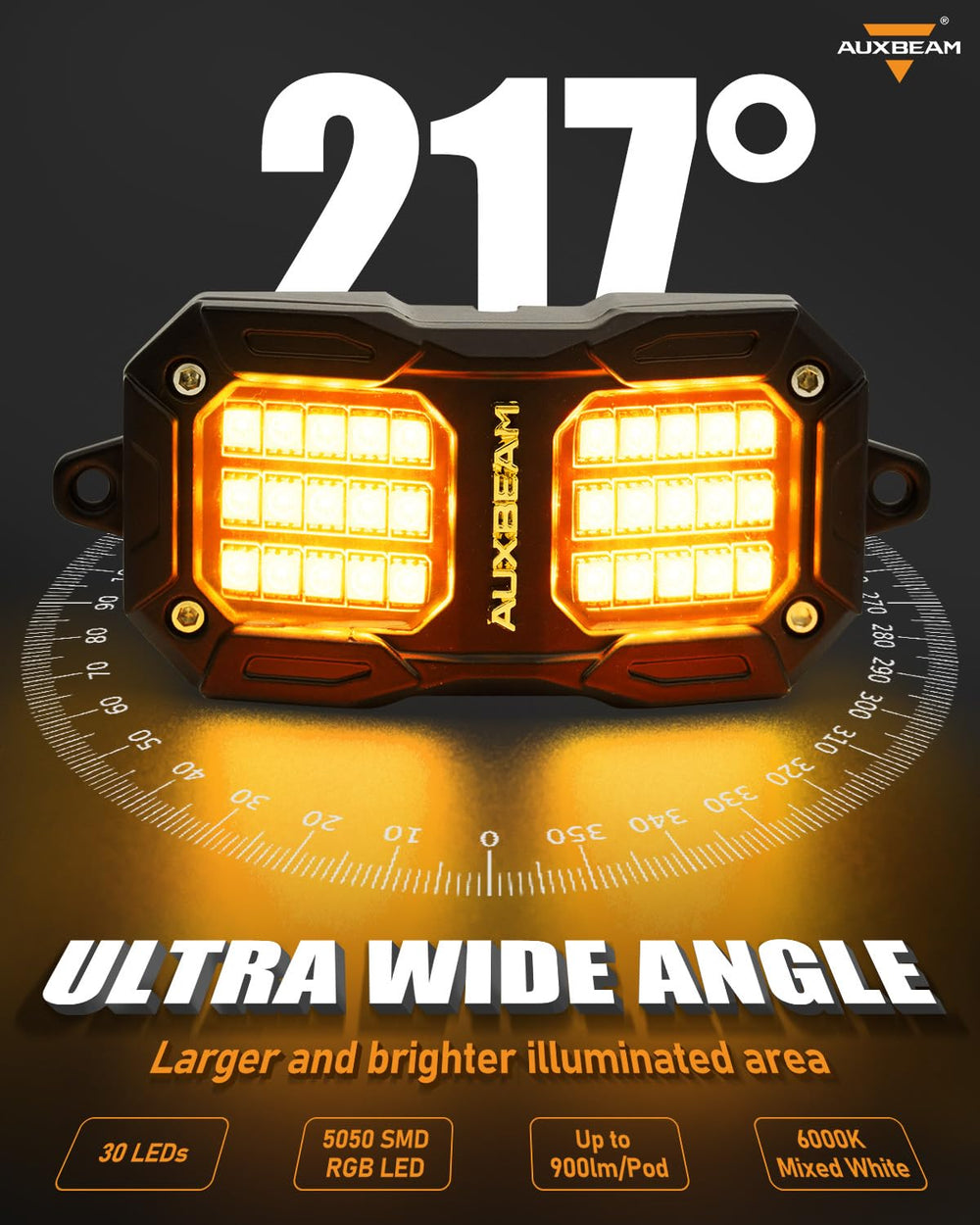 Auxbeam die-cast aluminum housing provides rugged durability.