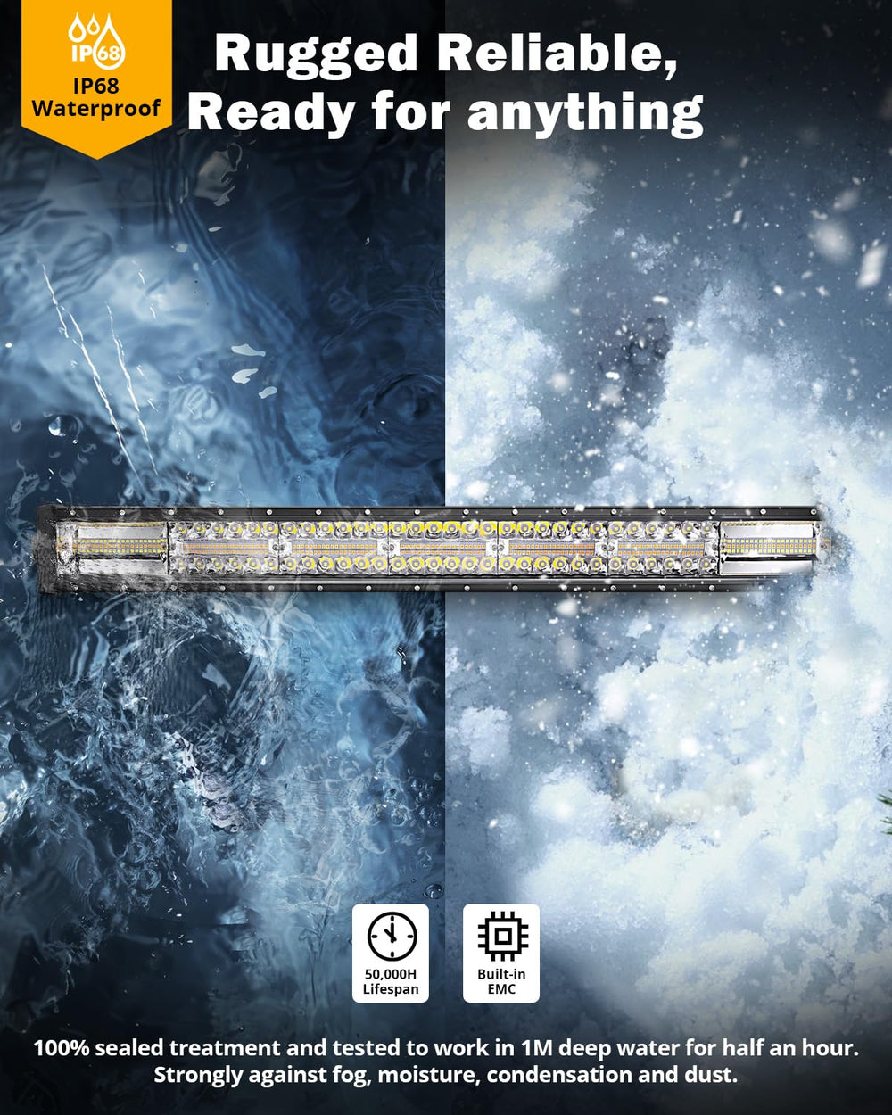 Auxbeam IP68-rated light bar resisting water, dust, and mud during adventures.