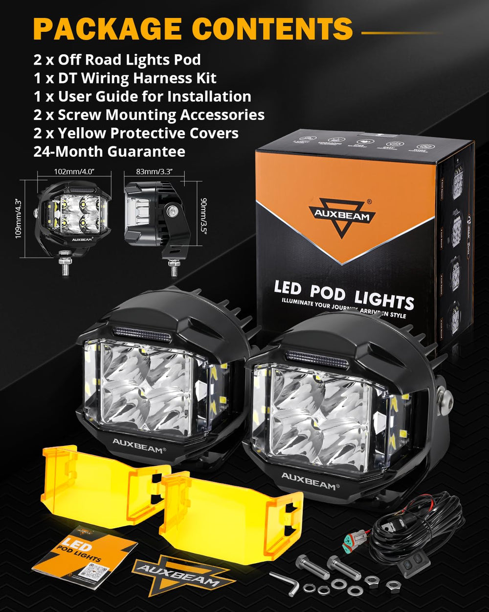 Auxbeam complete off-road light kit includes mounts, harnesses, and accessories.