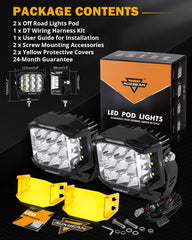 Box contents: two pods, covers, harnesses, wiring kit, screws, manual, and warranty.