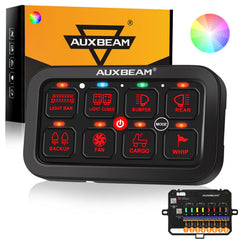 Auxbeam RA80 8-gang switch panel front view with readable backlight
