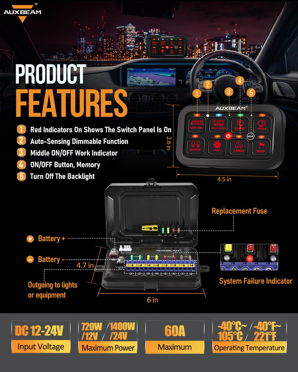 Auxbeam RA80 illuminated toggle switches showing RGB backlight