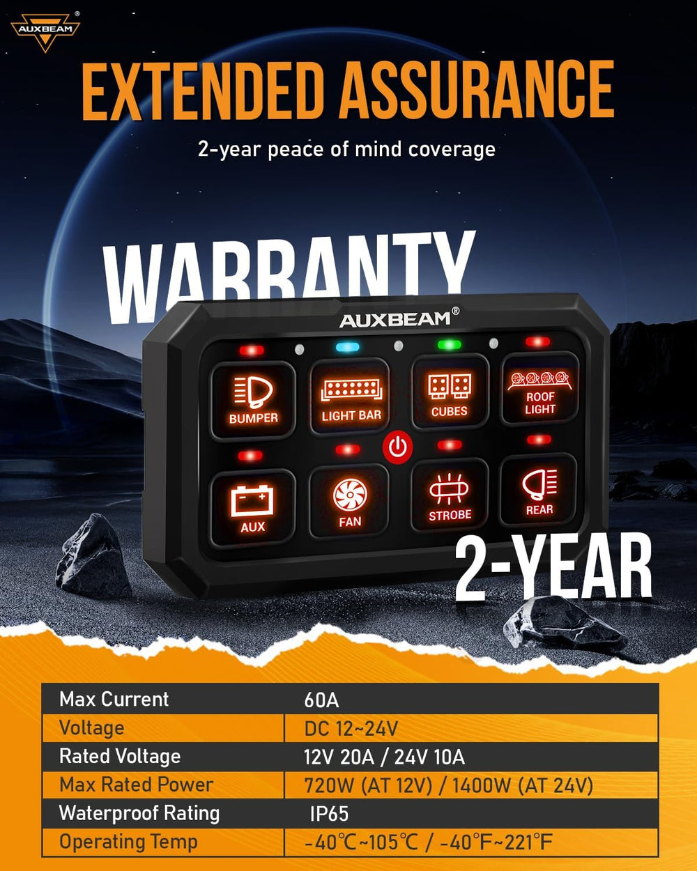 Auxbeam RA80 XL installation kit with brackets and labels.