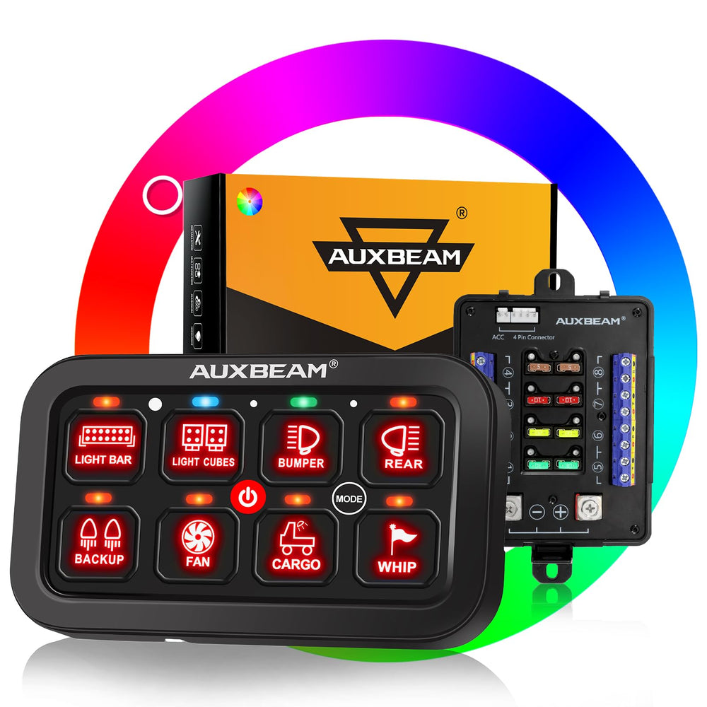 Auxbeam RB80 backlit 8-gang panel, clear visibility for late-night vehicle wiring and controls.