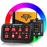 Auxbeam RB80 backlit 8-gang panel, clear visibility for late-night vehicle wiring and controls.