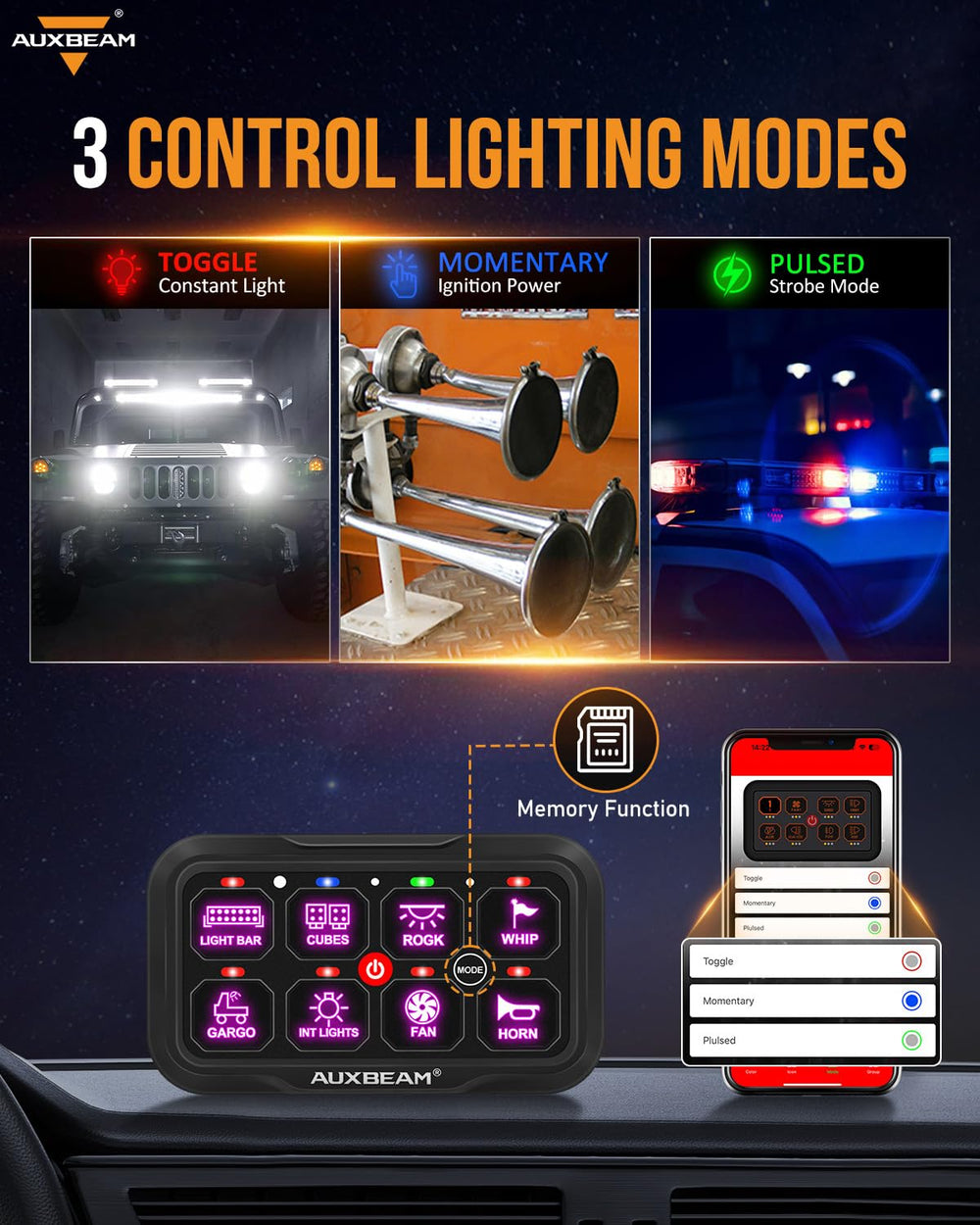 Auxbeam smart dimming backlight off for night driving