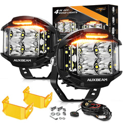 Auxbeam V-MAX 4in LED pods with amber covers for clear wide illumination on night trails.