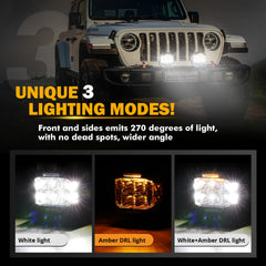 Amber DRL complements white beams for improved daytime visibility.