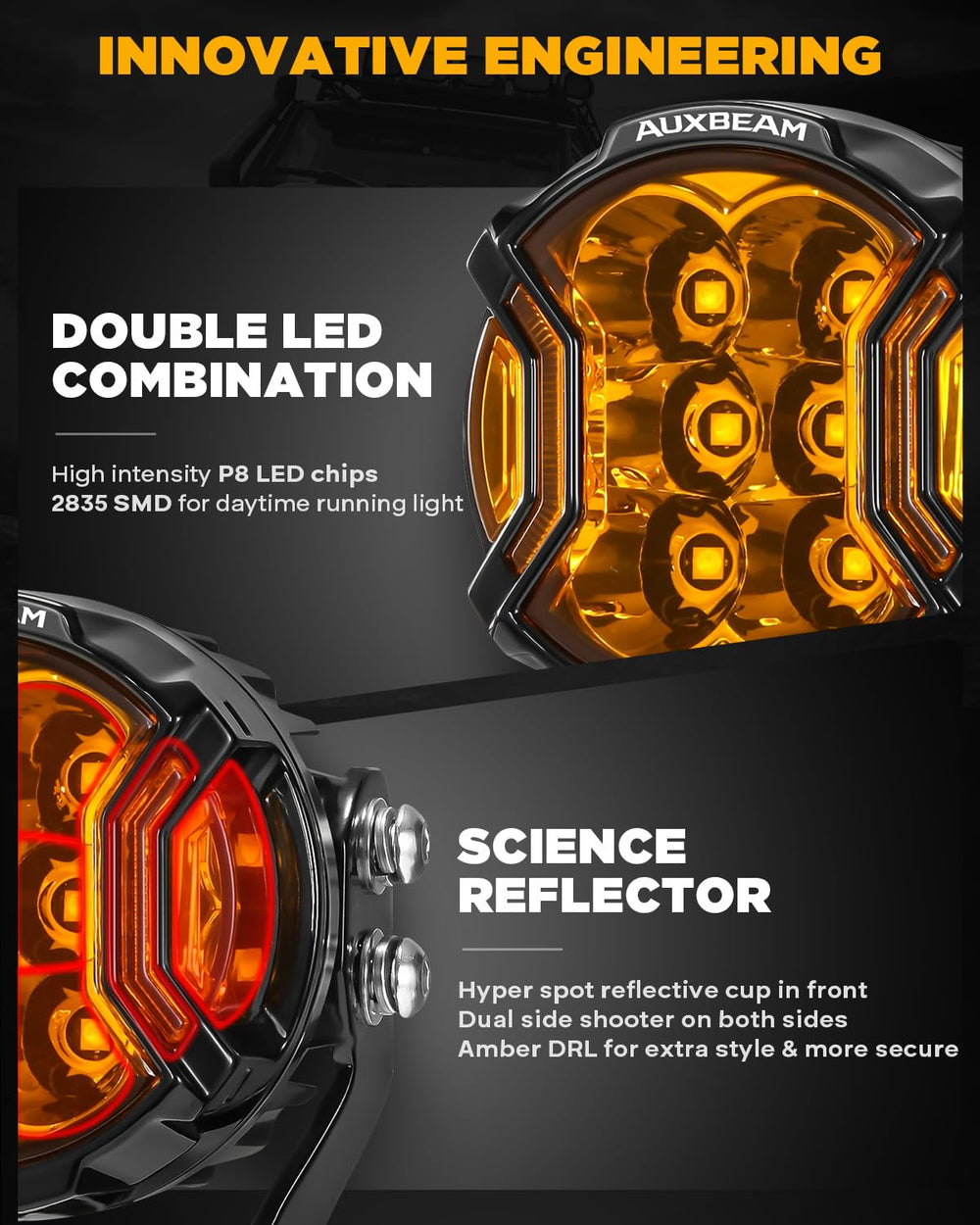 Auxbeam V-Ultra 3in amber fog light pod right improves night visibility on trails