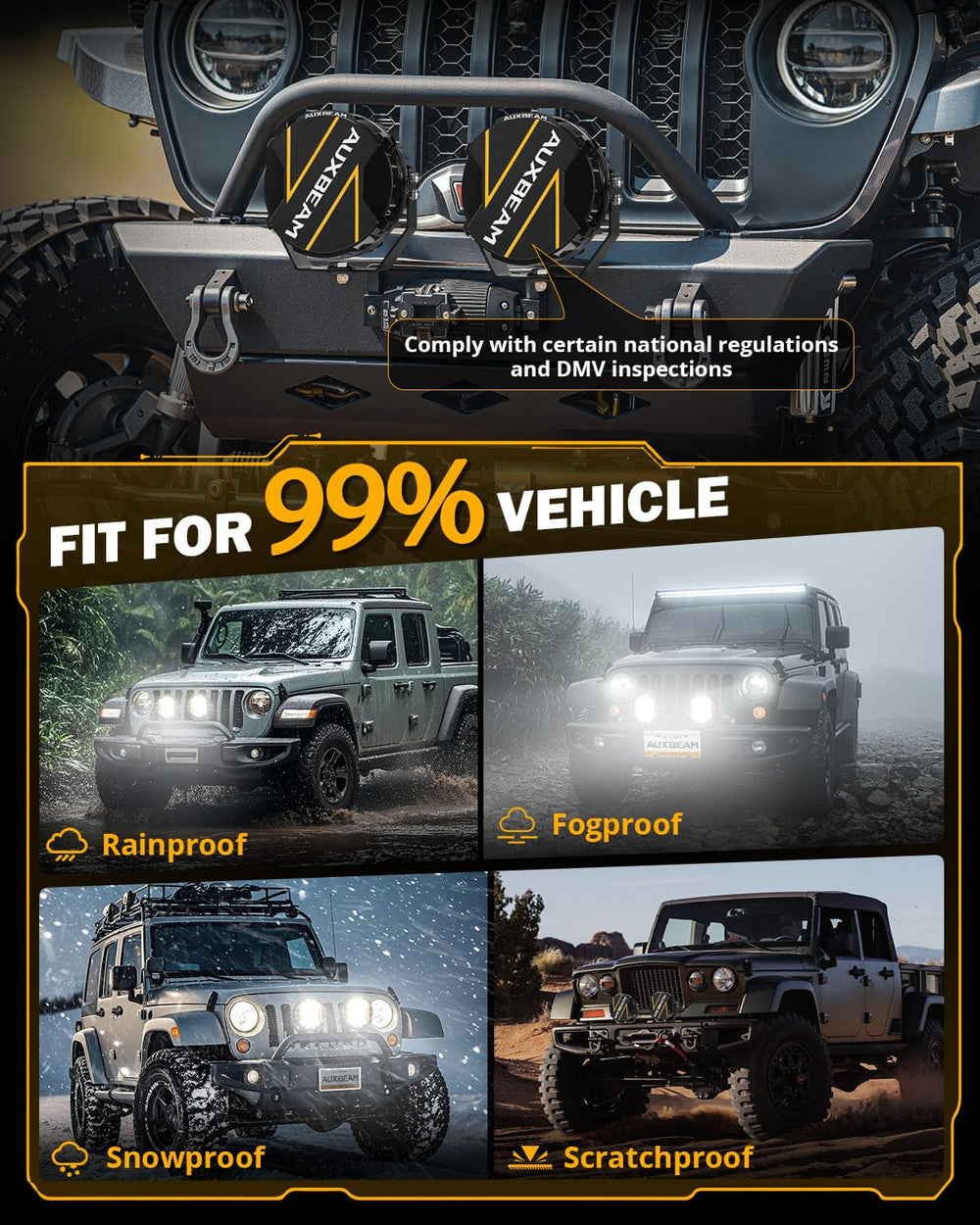 Auxbeam V-Ultra packaging includes mounting hardware and wiring harness