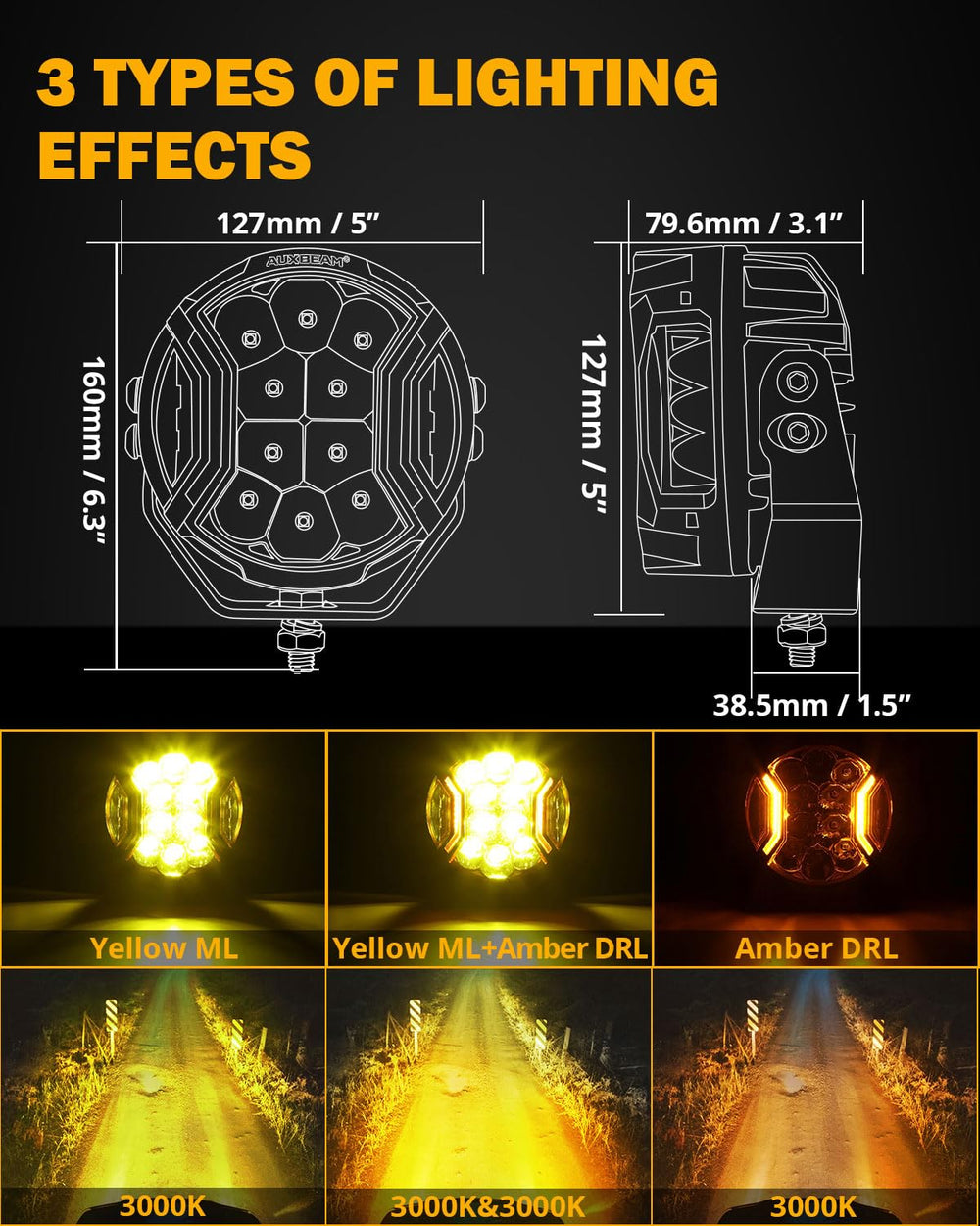 Auxbeam V-Ultra amber DRL mode provides daytime visibility with amber cue.