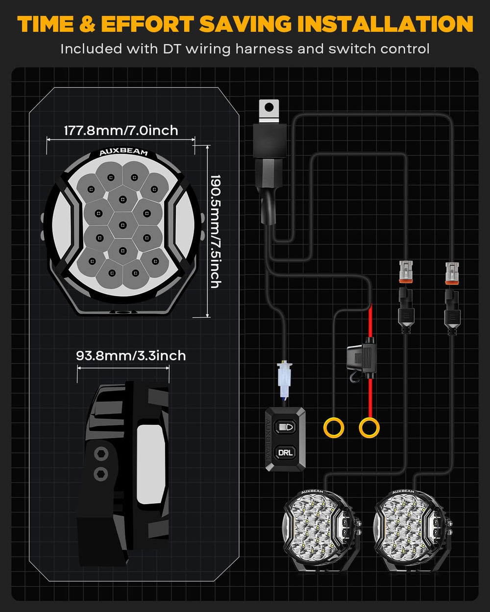 Auxbeam V-Ultra wiring harness for quick, secure installation.