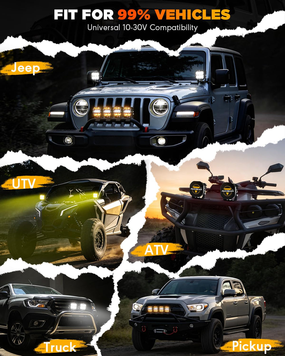 Auxbeam XP-Ultra includes covers, harness, and installation kit for versatile setup.