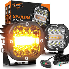 Auxbeam XP-Ultra 3in amber-white LED pod front view showing dual color off-road lighting