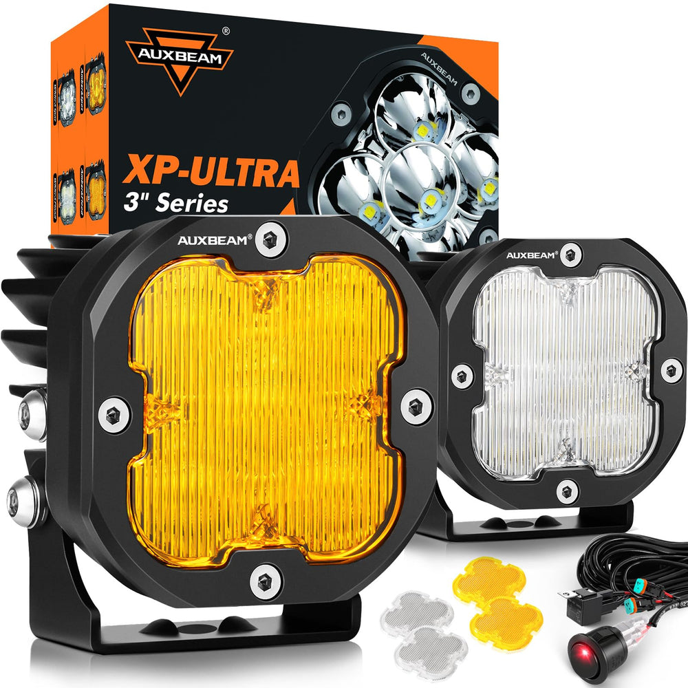 Auxbeam XP Ultra 3in amber flood pod showing wide beam for off-road visibility