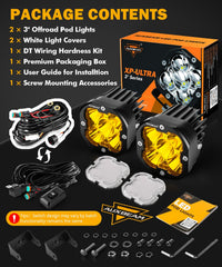 Auxbeam XP-Ultra 3in LED pod packaging with included wiring harness kit.