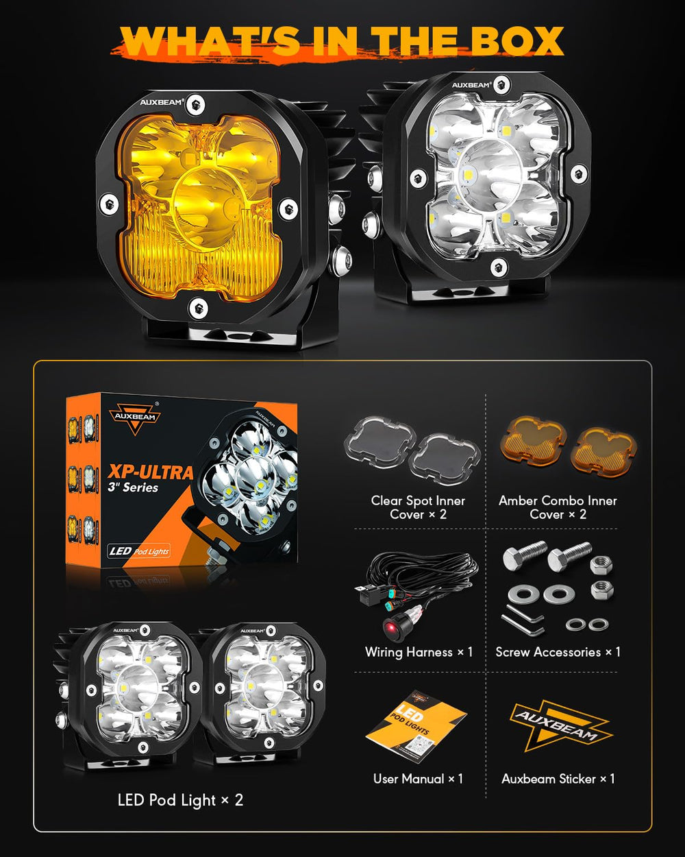 Auxbeam XP-Ultra 3-inch LED pod includes wiring harness and hardware