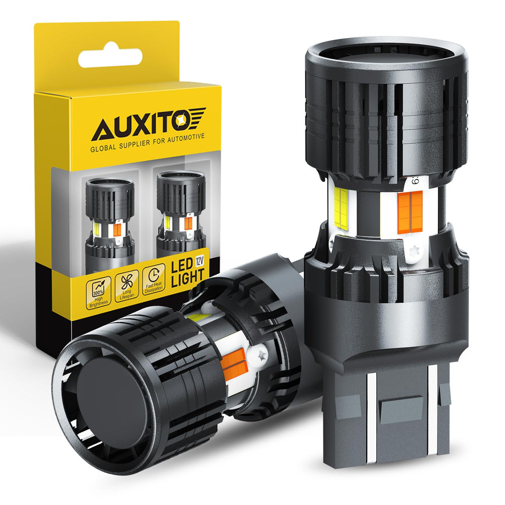 AUXITO 7443 amber turn signal glow enhances visibility during lane changes.
