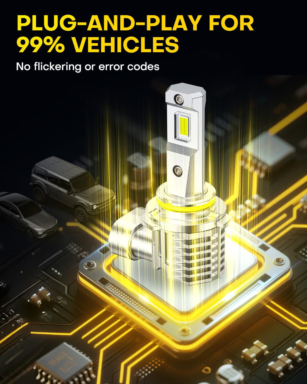AUXITO 9005/HB3 LED bulbs installation-ease image illustrates quick, tool-free fit