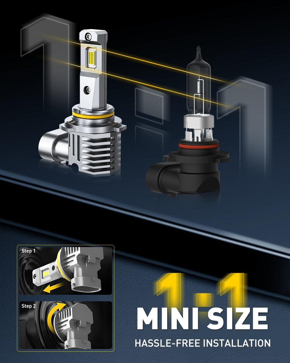AUXITO 9005 plug-and-play installation showing no wiring required