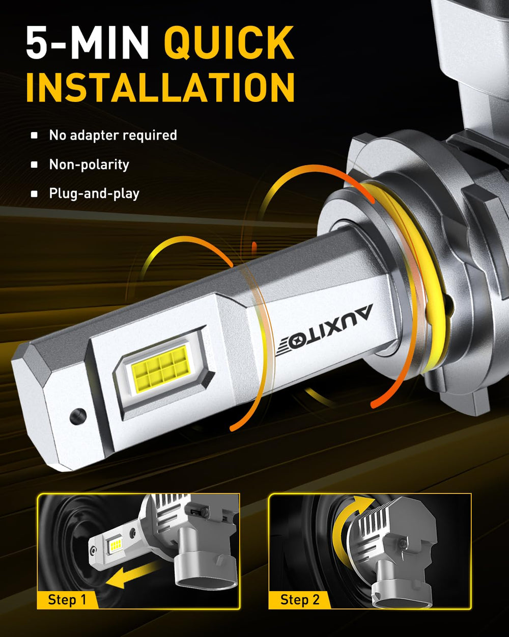 AUXITO 9005 LED bulbs fanless cooling design keeps operation quiet and cool.