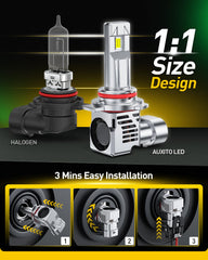 AUXITO 9012 bulb seated in headlight housing with even spread and crisp cutoff.