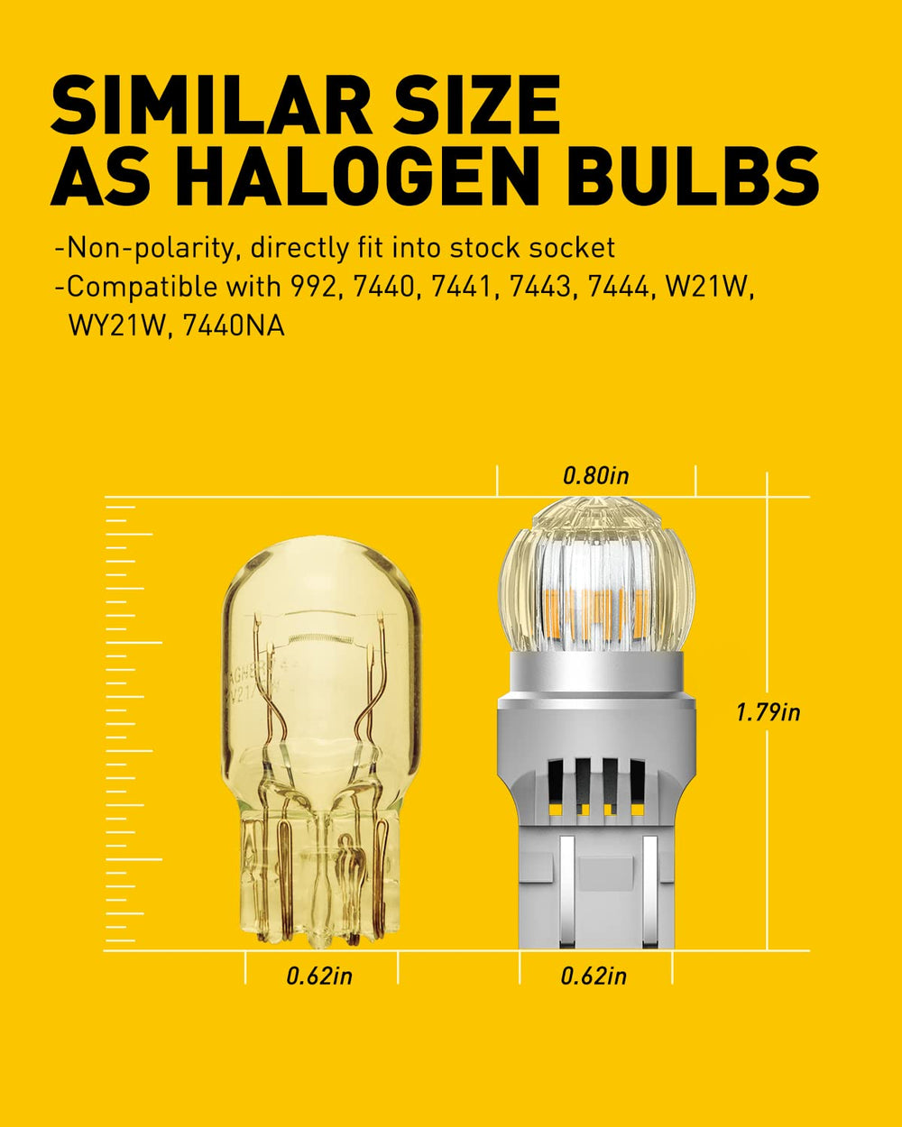 AUXITO 7443 amber LED bulb compatibility range with common sockets.