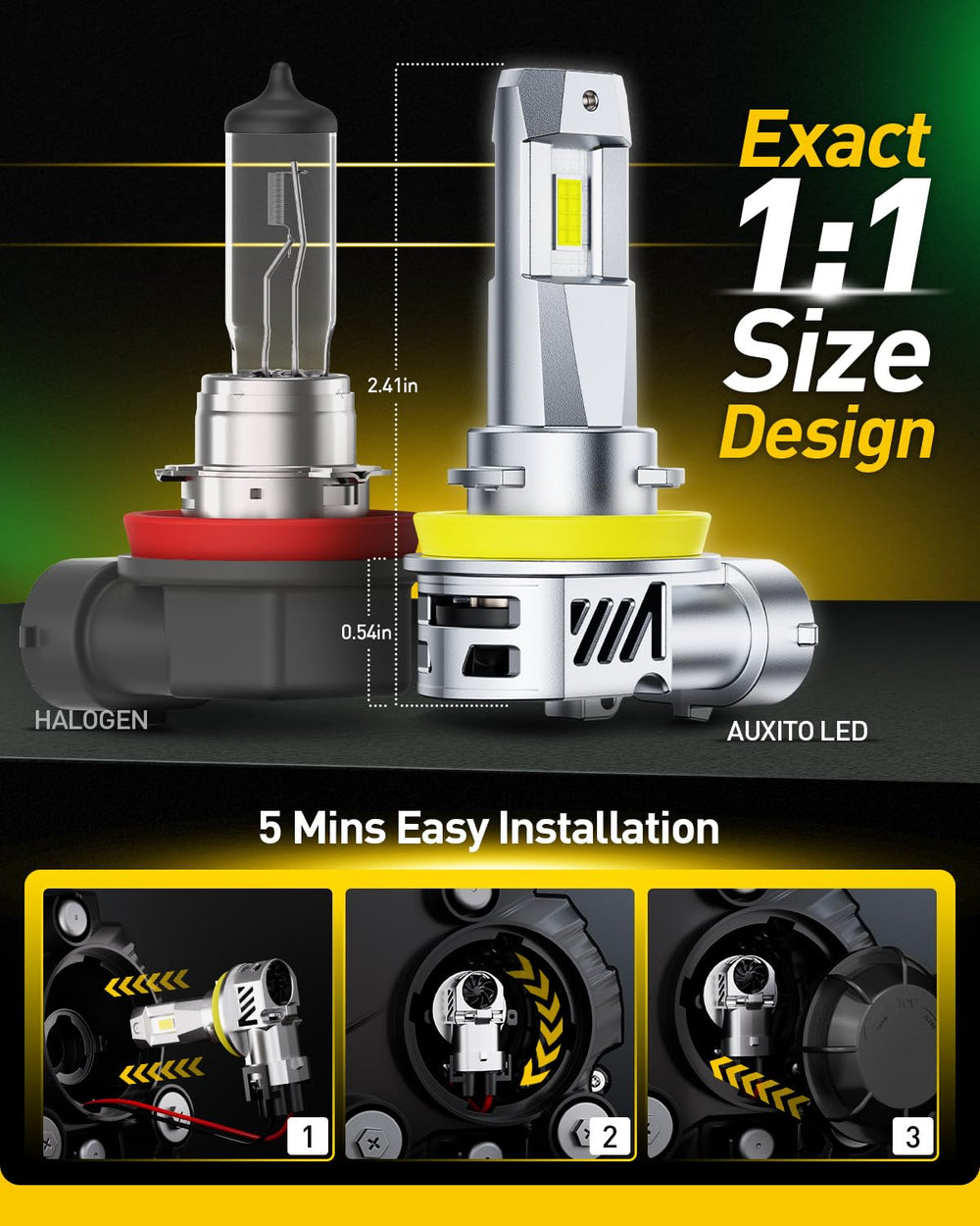 Auxito H11 bulb beam pattern demonstrates glare-free wide area visibility