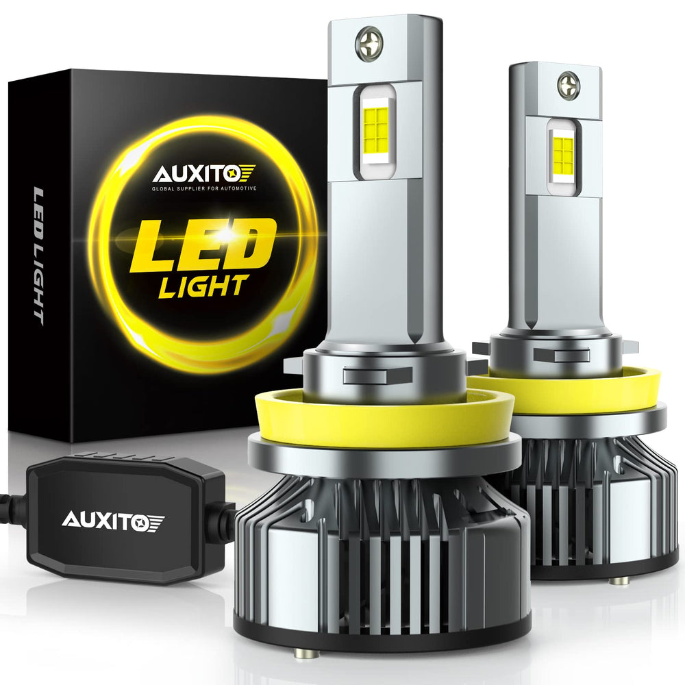AUXITO H11 LED bulbs front view; compact plug-and-play fit.