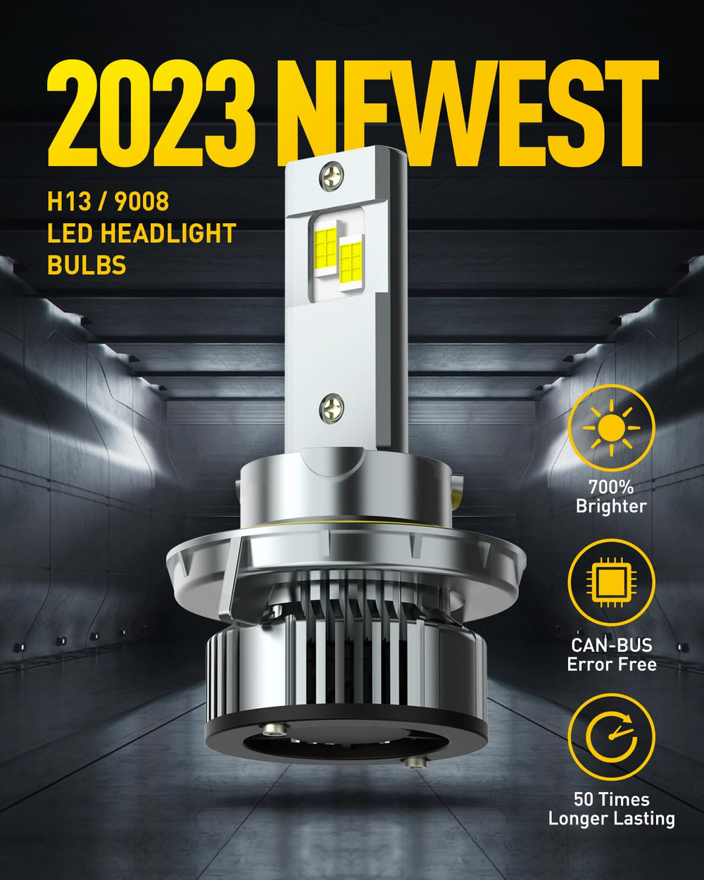 Auxito H13 LED bulbs technical specs graphic highlighting 6500K and lumen output