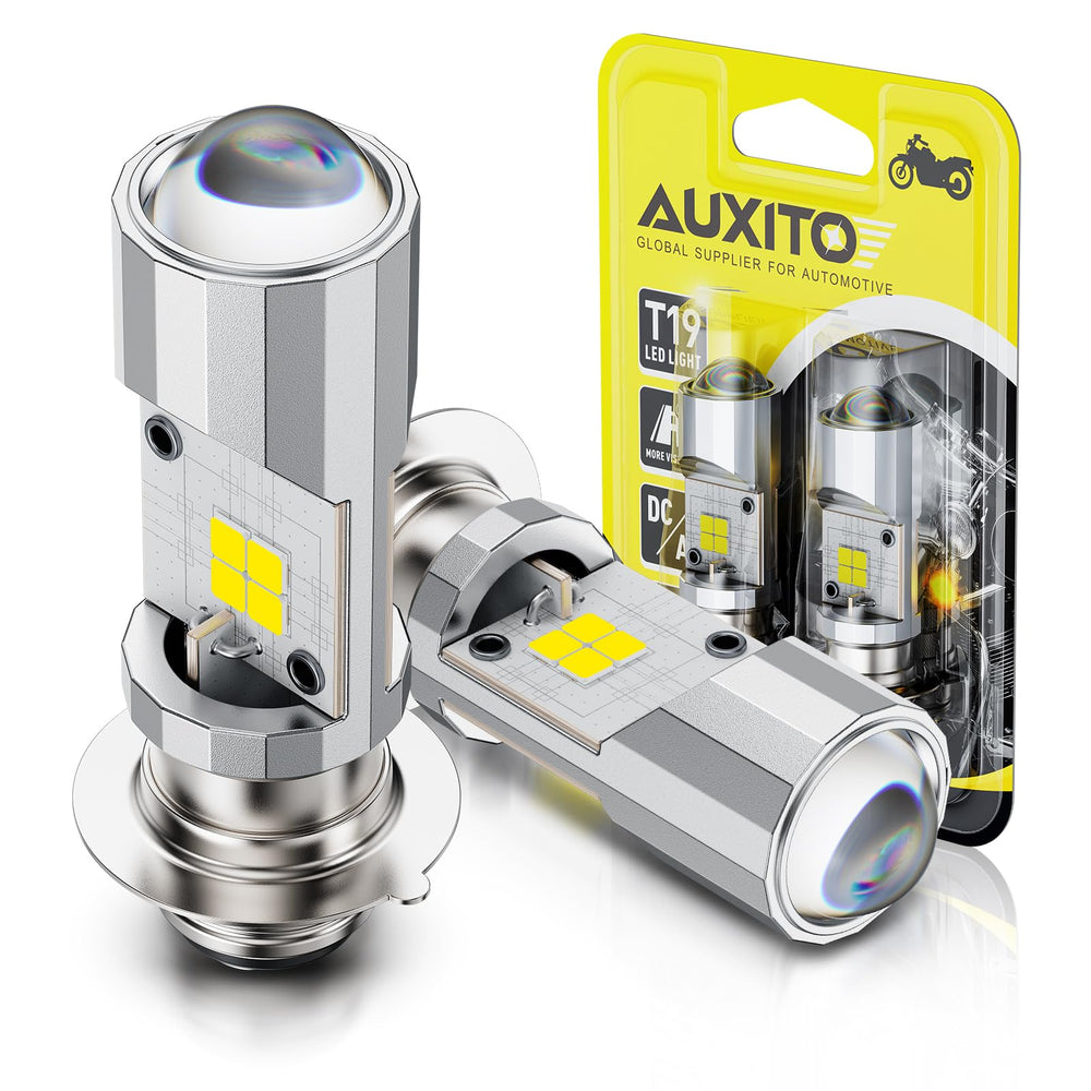 AUXITO H6M P15D two-pack bulbs for motorcycle lighting and improved night visibility.