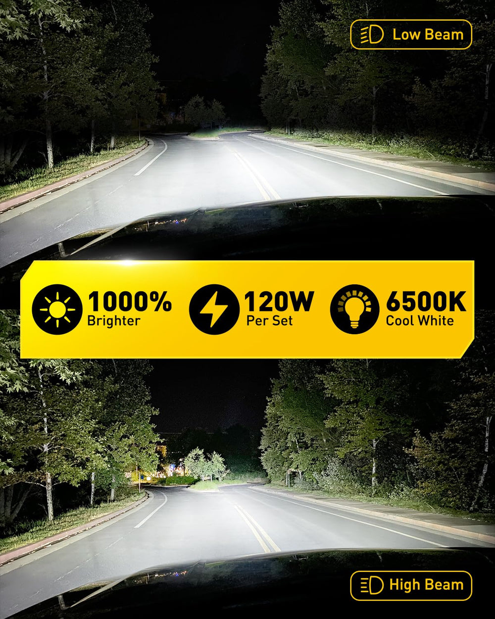AUXITO H7 bulb emitting 6500K white illumination for clear road perception.