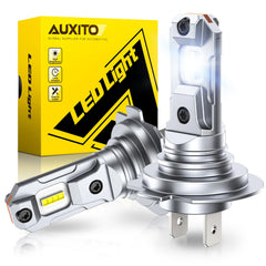 AUXITO H7 bulb close-up highlighting quality construction for reliable nighttime visibility.