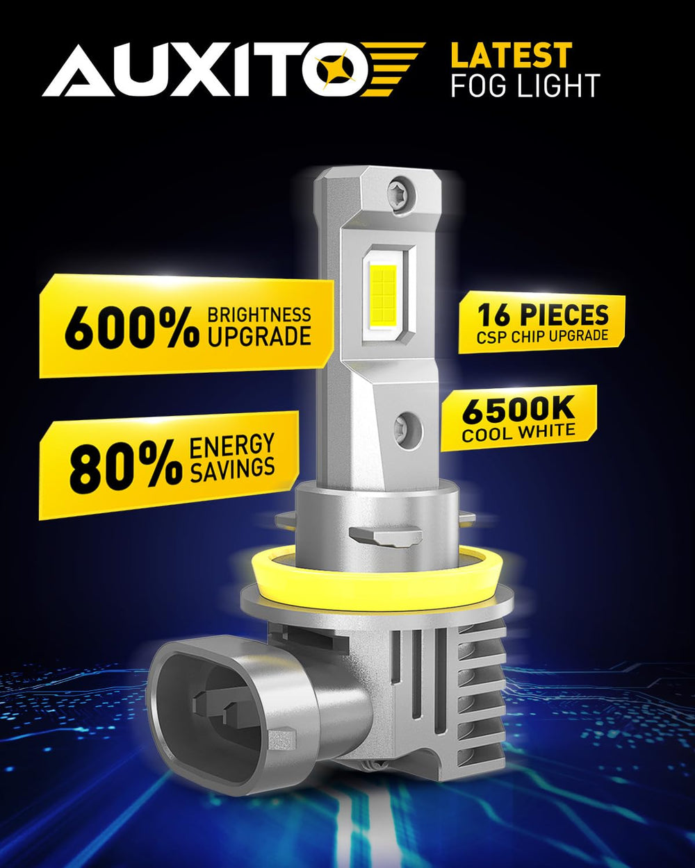 AUXITO H8 LED fog light bulb with smart IC supporting CANbus compatibility.
