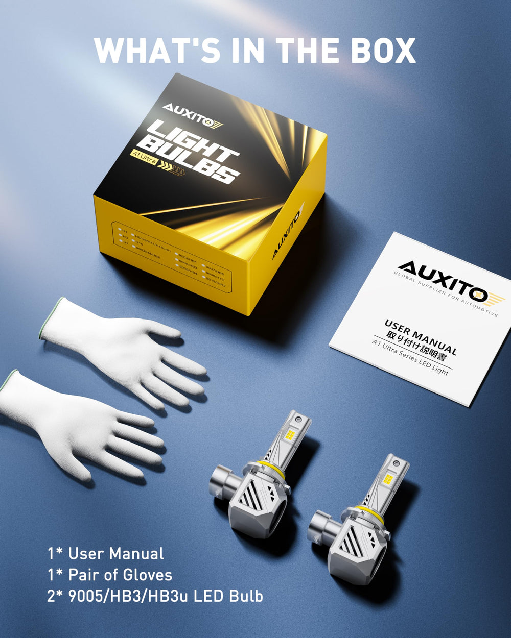 AUXITO HB3 LED bulbs pack two ready to install for quick upgrade.